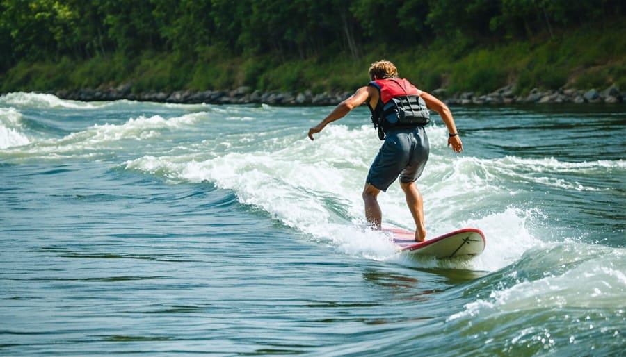 River surfer riding a wave with mountains in the background, showcasing physical activity