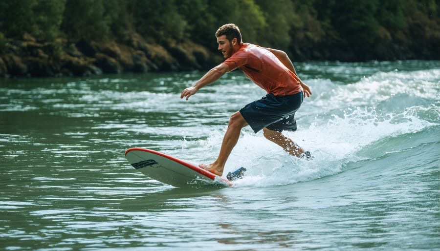 A river surfer using THCA as part of their fitness routine, shown in an outdoor setting